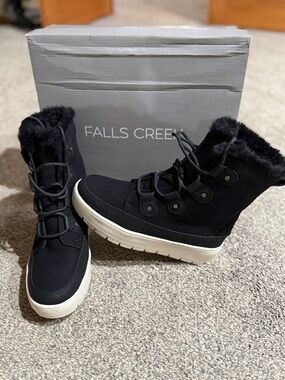 Falls Creek Black and White Faux-Fur Platform Winter Boots